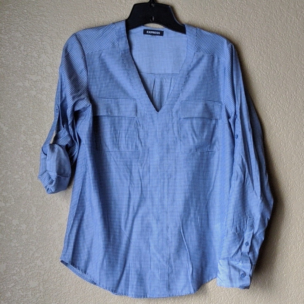 Express Light Blue White Polka Dot Blouse Sz Small